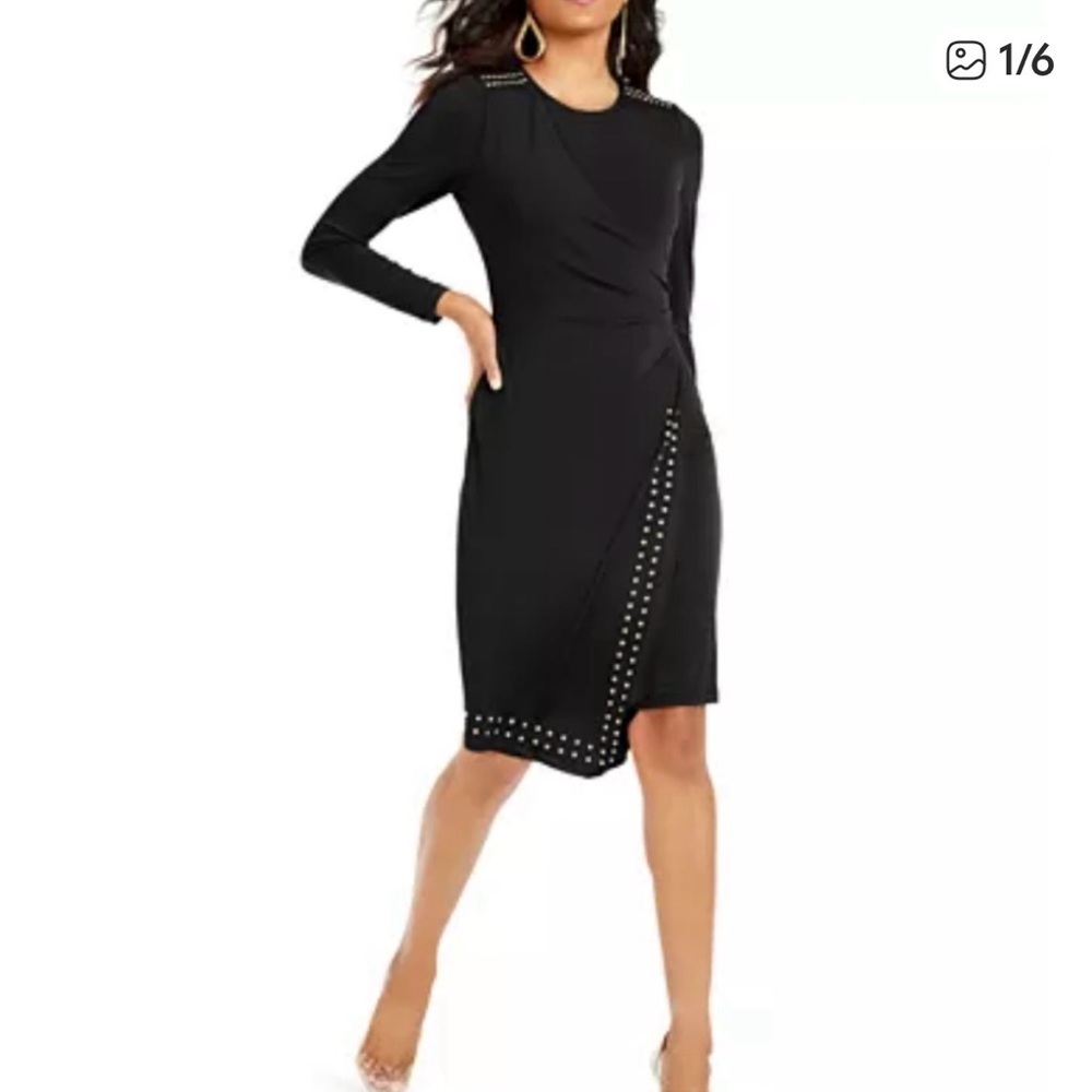 Thalia Sodi Black Long Sleeve sheath Dress with Gold studded Accents